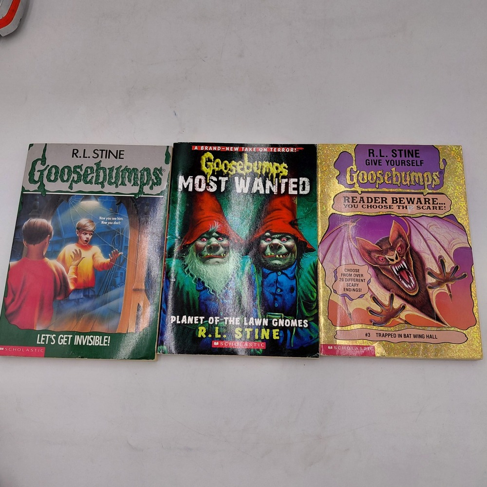 Goosebumps R.L. Stine 3 Book Lot Let's Get Invisible Lawn Gnomes Bat Wing Hall